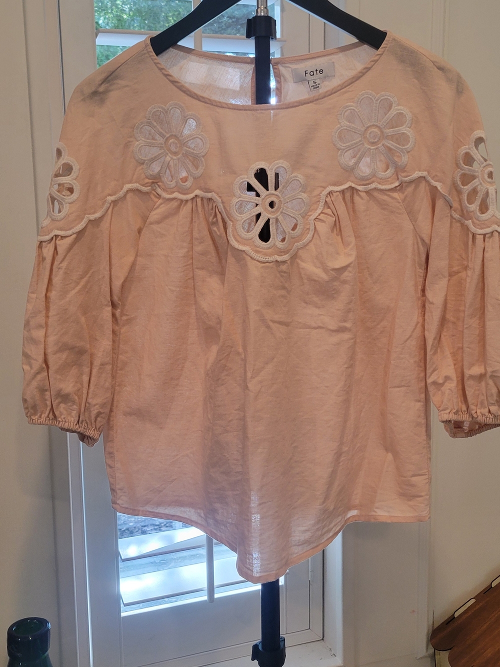 Fate Peach Floral Cutwork Peasant Top